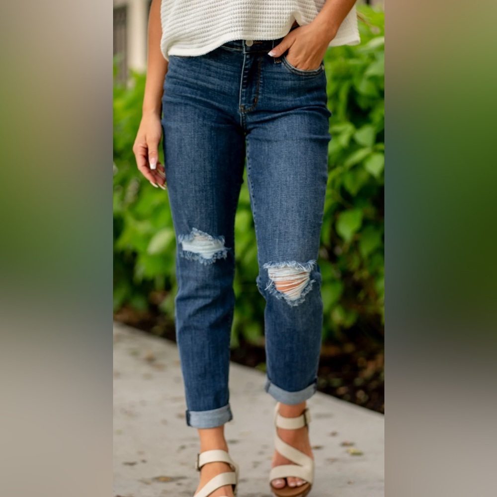 POL Blue Slim Fit Distressed Boyfriend Jeans Size Large -Free With $50 Purchase - Picture 2 of 12